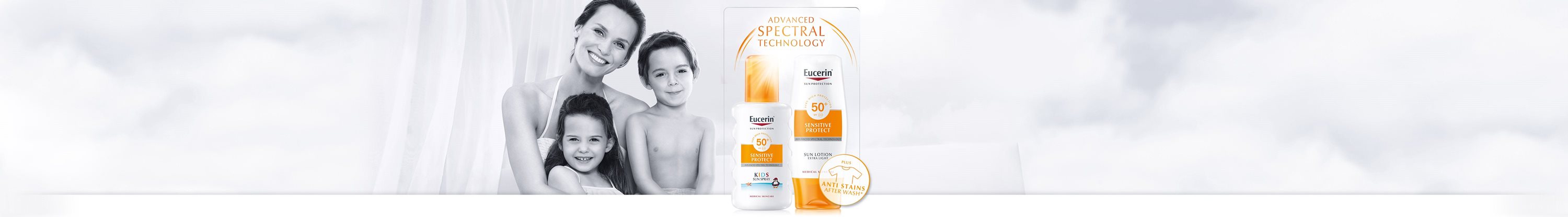 Žena se symbolem Eucerin sluneční ochrany na rameni